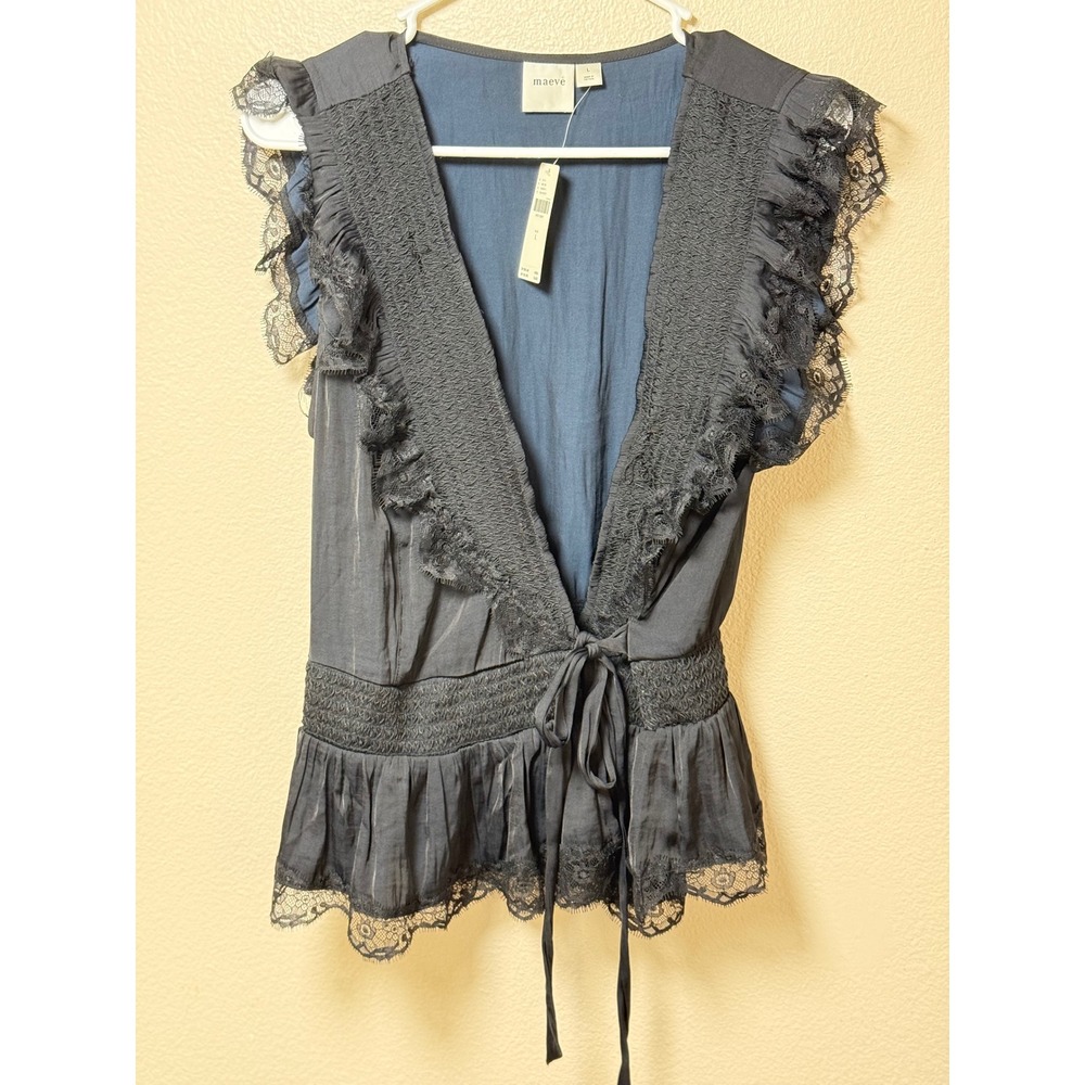 Maeve Anthropologie Black Lace Trim Smocked Wrap Peplum Top NWT Size L